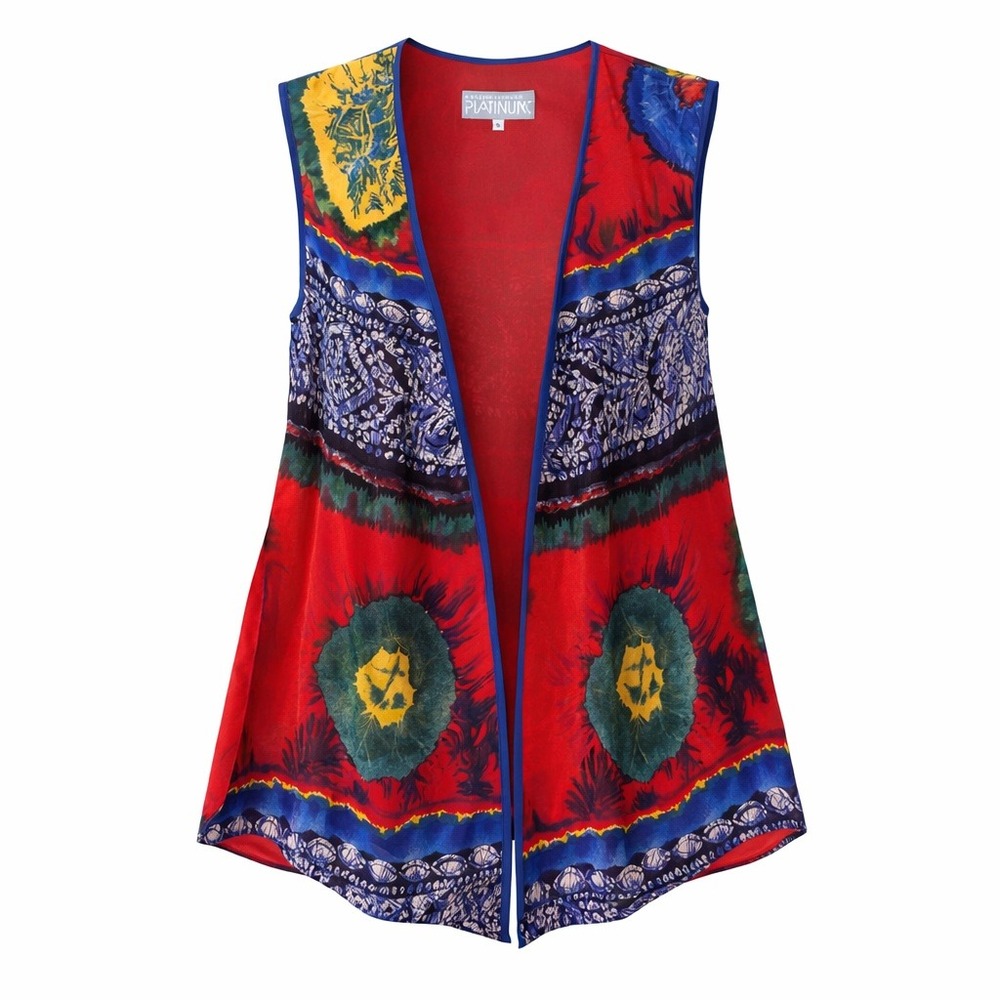Dorothy Schoelen Platinum Vintage Abstract Batik Print Open Front Vest Red Small